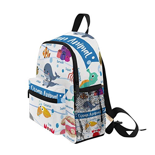 Mochila infantil con diseño de animales del océano, ballena, calamar, payaso, caballito de mar, tortuga, cangrejo ligero, bolsa de viaje para niños con clip para el pecho