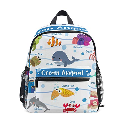 Mochila infantil con diseño de animales del océano, ballena, calamar, payaso, caballito de mar, tortuga, cangrejo ligero, bolsa de viaje para niños con clip para el pecho