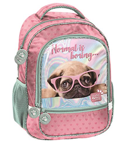 Mochila infantil para niños y niñas, con grandes compartimentos y red para bebidas, varios diseños de perros y gatos., Rosa/Azul (Ptj), 42 x 34 x 15 cm, Mochila infantil