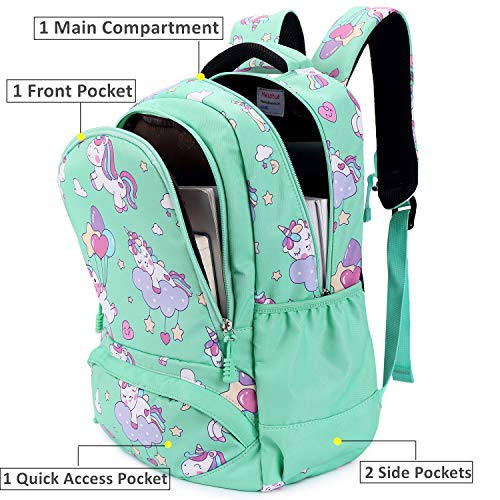 Mochila Unicornio Niños Impermeable Mochila Escolar para Adolescente Pequeñas Mochilas Infantil Bolso para Chicas para La Escuela,Viajes,Intemperie Juego de 3 - Verde