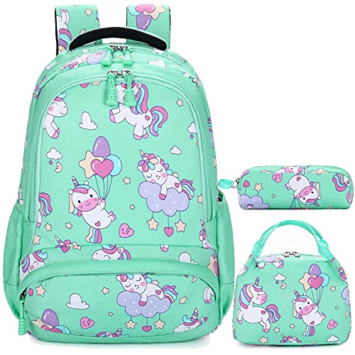 Mochila Unicornio Niños Impermeable Mochila Escolar para Adolescente Pequeñas Mochilas Infantil Bolso para Chicas para La Escuela,Viajes,Intemperie Juego de 3 - Verde