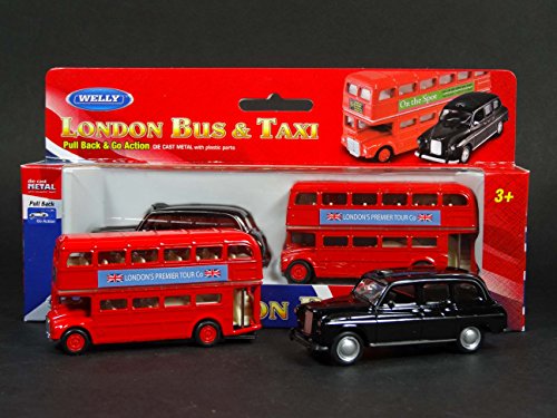 Modelos de London Double Decker Red Bus y Black Taxi Mini (acción Pull Back & Go) Hechos de Piezas fundidas de Metal y plástico / Recuerdo británico de Londres Inglaterra Reino Unido