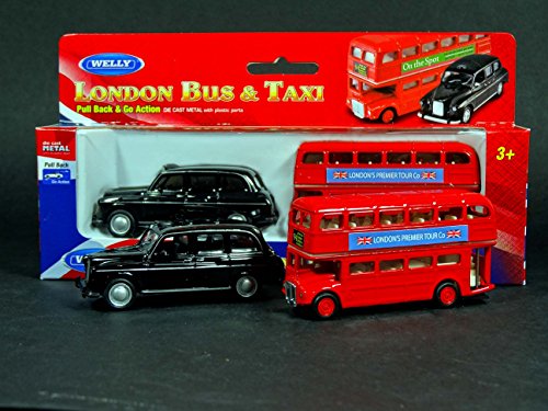 Modelos de London Double Decker Red Bus y Black Taxi Mini (acción Pull Back & Go) Hechos de Piezas fundidas de Metal y plástico / Recuerdo británico de Londres Inglaterra Reino Unido