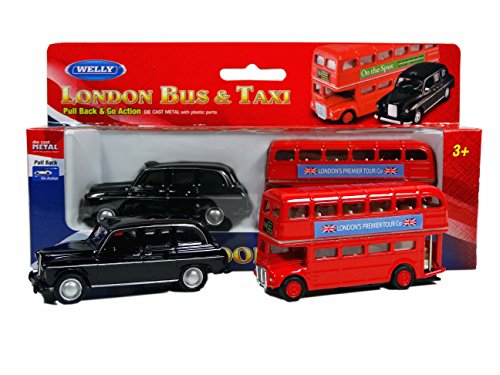 Modelos de London Double Decker Red Bus y Black Taxi Mini (acción Pull Back & Go) Hechos de Piezas fundidas de Metal y plástico / Recuerdo británico de Londres Inglaterra Reino Unido