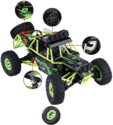 MODELTRONIC Coche Radio Control eléctrico Wltoys Verde-Negro 1/12 emisora LCD 2.4G tracción 4x4 Alta Velocidad 50km/h Crawler Desert Offroad Buggy vehículo con luz LED / Incluye 2X baterías LIPO