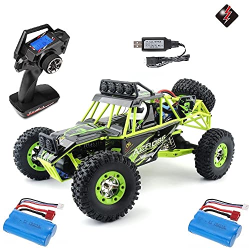 MODELTRONIC Coche Radio Control eléctrico Wltoys Verde-Negro 1/12 emisora LCD 2.4G tracción 4x4 Alta Velocidad 50km/h Crawler Desert Offroad Buggy vehículo con luz LED / Incluye 2X baterías LIPO