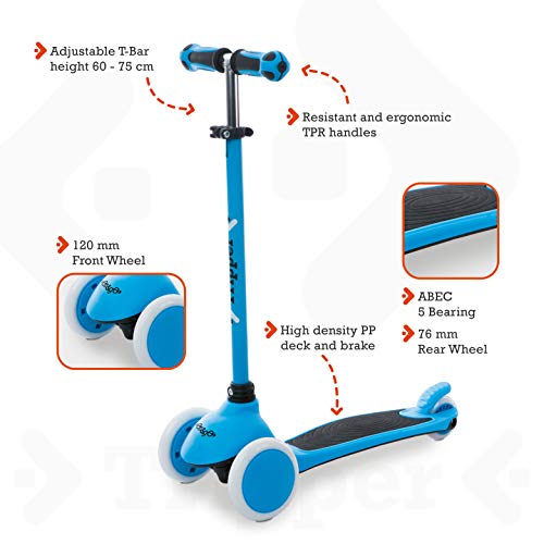 Mondo On&Go Tripper Patinete 3 Ruedas - Ruedas PU y Puños TPR - Freno de Seguridad Trasero - Color Azul