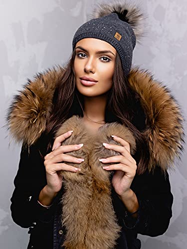 Morefaz - Gorro de invierno de forro polar para mujer con cristales y pompón multicolor Dark Gray M/L