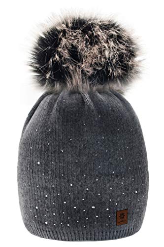 Morefaz - Gorro de invierno de forro polar para mujer con cristales y pompón multicolor Dark Gray M/L