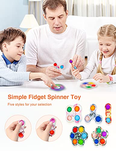 Mr. T&J 5 Piezas de Fidget Spinner, 2 en 1, Llavero portátil de Juguete Simple para aliviar el estrés para niños y Adultos, Paquete Simple de Silicona para TDAH / TOC / Autismo / ansiedad / estrés