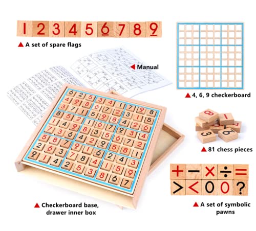 MSKS Juego de Rompecabezas de Madera Sudoku Board Number Game Juego Educativo con Cajón Puzzle Toy para niños y Adultos Math Brain Teaser Juguetes de Escritorio Sudoku de cuadrícula 4,6,9