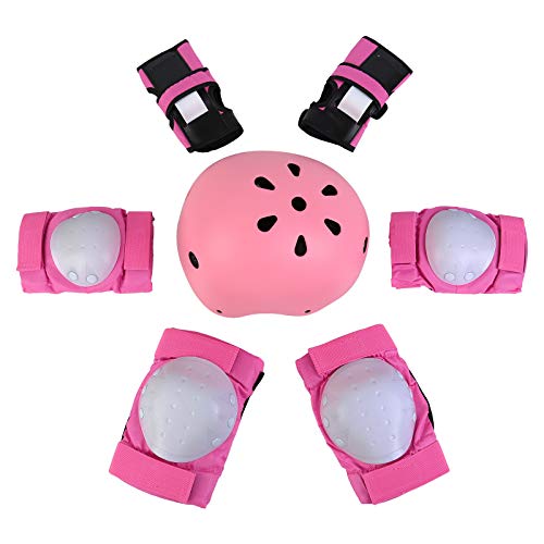 MuGuang - Casco de protección de 7 piezas para BMX Pads Rodilleras de codo con protector de puños para patin, bicicleta, Skateboard, Scooter (S, Rosa)