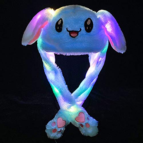 Muium(TM) Sombrero de conejo con orejas de peluche, juguete con luz LED multicolor, sombrero con orejas móviles, gorro de animal, cosplay, regalo de cumpleaños (azul)