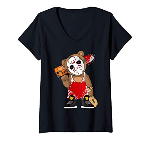 Mujer Hockey Teddy Bear Parodia Terror 13.o Hip Hop Halloween Camiseta Cuello V