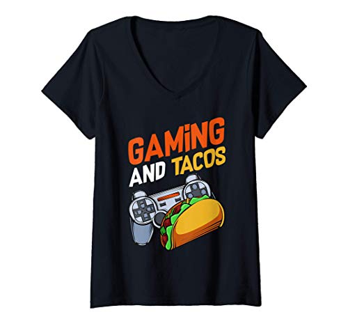 Mujer Juegos y Tacos Comida Mexicana Controlador de Juegos Camiseta Cuello V