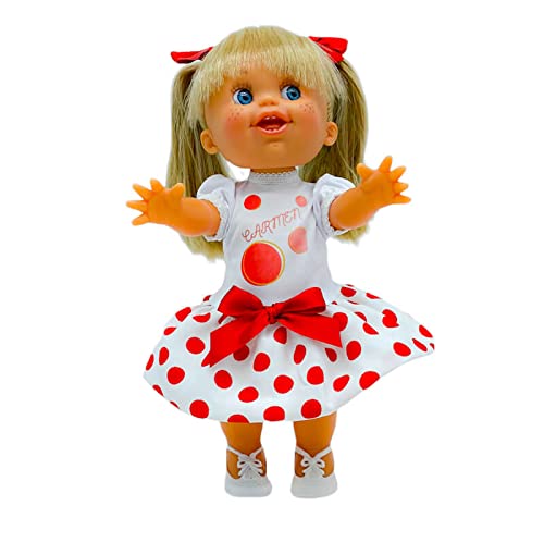 Muñeca Lara 33 cm. Vinilo edición 2022, edición Limitada Vestido Lunares Personalizable con tu Nombre. Fabricada en España.