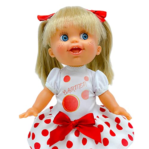 Muñeca Lara 33 cm. Vinilo edición 2022, edición Limitada Vestido Lunares Personalizable con tu Nombre. Fabricada en España.