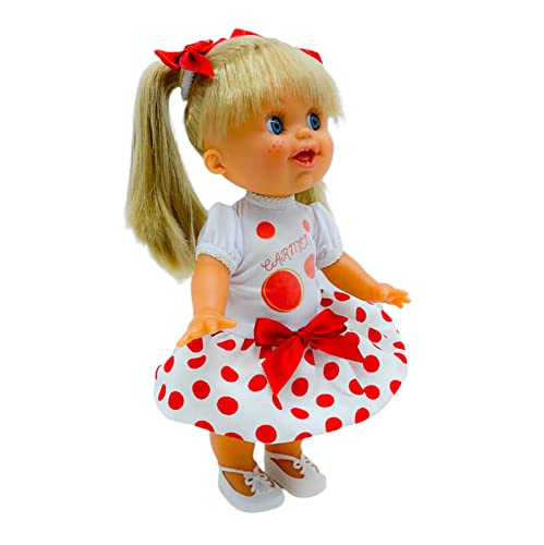 Muñeca Lara 33 cm. Vinilo edición 2022, edición Limitada Vestido Lunares Personalizable con tu Nombre. Fabricada en España.