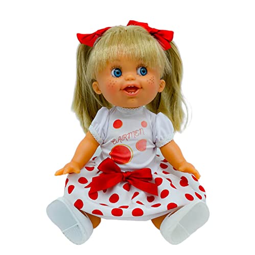 Muñeca Lara 33 cm. Vinilo edición 2022, edición Limitada Vestido Lunares Personalizable con tu Nombre. Fabricada en España.