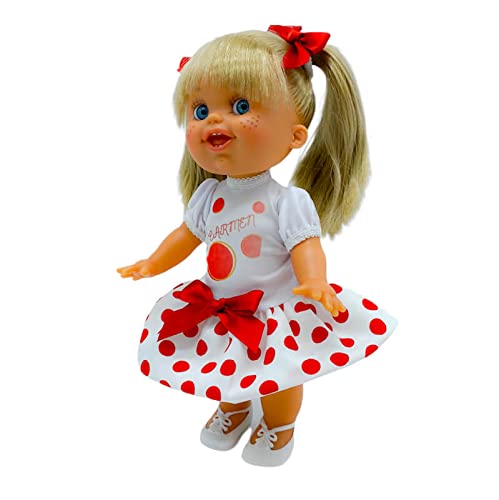 Muñeca Lara 33 cm. Vinilo edición 2022, edición Limitada Vestido Lunares Personalizable con tu Nombre. Fabricada en España.