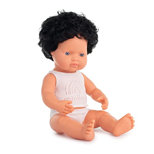 Muñeco bebé Caucásico Niño con Pelo Moreno Rizado de 38cm. Presentado en Caja de Regalo.