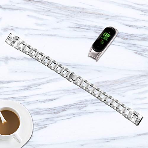 MVRYCE Mi Band 5 Sport Band, Pulsera de Diamantes de Imitación de Acero Inoxidable Elegante para Mujer Pulsera de Banda de Repuesto Delgada Compatible para Xiaomi Mi Band 5, Plata