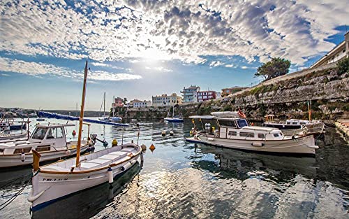 MX-XXUOUO Rompecabezas de 1000 Piezas Lugares Hermosos:Muelle de Barcos de Menorca Casas mar Nubes España