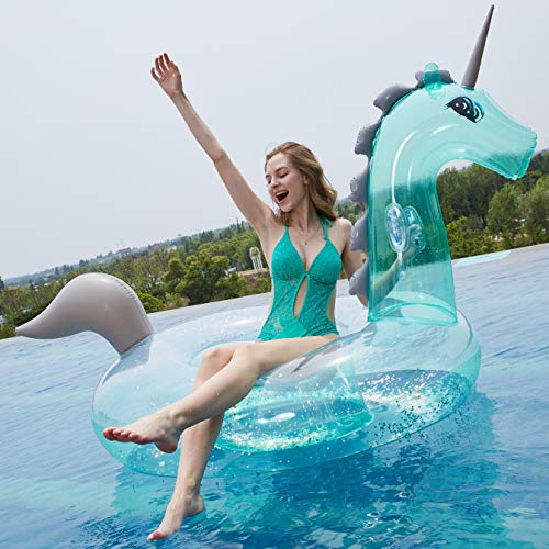 Myir Flotador Inflable del Unicornio Transparente, Gigante Colchoneta Hinchable con Lentejuelas para Piscina Hinchables Juguete Adultos Niños Agua Fiesta Natación (Unicornio Transparente)