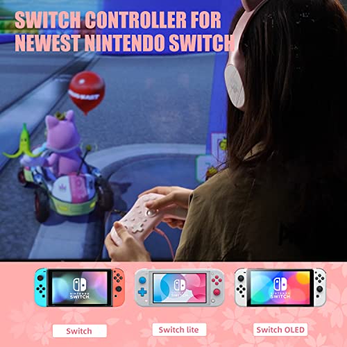 Mytrix Mando Compatible Switch, Controlador Inalámbrico para Switch/Lite/Switch OLED, Bluetooth Switch Controller con Auto-Fire Turbo, Pro Switch de Vibración de 3 Motos, Rosa