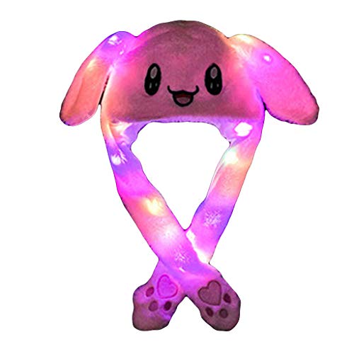 N/AB Sombrero de peluche con luces LED, divertido animal, orejas que se mueven, con orejas de peluche móviles, Happy Ears para apretar, juguete con luz LED para niñas Rosa. 2 mes