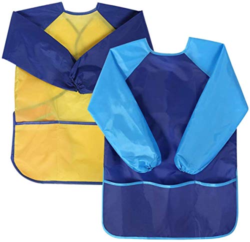 Natuce 2pcs Delantal Infantil Pintura Impermeable Delantales de Niño, Blusón Delantal Babero de Mangas Larga y 3 Bolsillos para Artes y Manualidades, Pintura, Cocina 3-7Años (Amarillo + Azul)