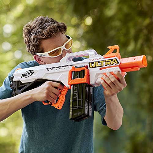 NERF Ultra Select - Blaster completamente motorizado, fuego para distancia o precisión, incluye clips y dardos, solo compatible con Ultra Darts