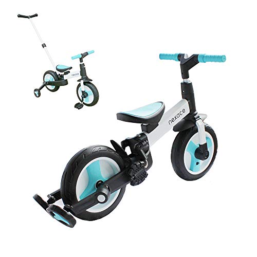 nexace Bicicleta sin Pedales niño 2 años,Triciclos para Bebés con Pedales Desmonetables y Ruedas Auxiliares Plegables,Sillín y Manillar Son Regulable en Altura,Ruedas De 10" Azul