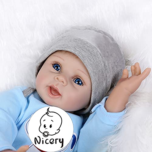 Nicery Reborn Baby Doll Renacer Bebé la Muñeca Vinil Simulación Silicona Suave 22 Pulgadas 55cm Boca Natural Niña Niño Juguete vívido Azul Perro