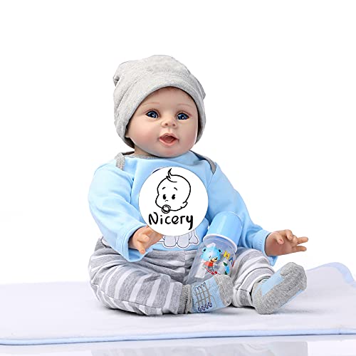 Nicery Reborn Baby Doll Renacer Bebé la Muñeca Vinil Simulación Silicona Suave 22 Pulgadas 55cm Boca Natural Niña Niño Juguete vívido Azul Perro