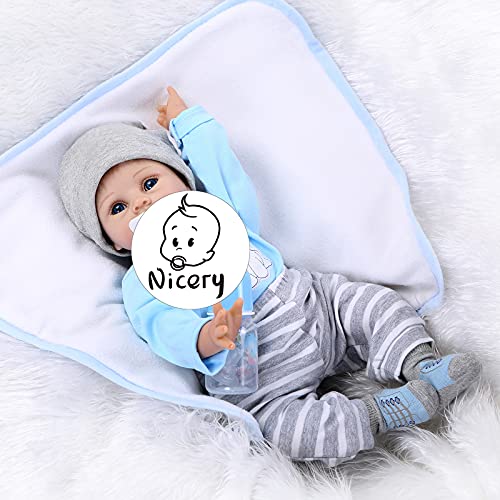 Nicery Reborn Baby Doll Renacer Bebé la Muñeca Vinil Simulación Silicona Suave 22 Pulgadas 55cm Boca Natural Niña Niño Juguete vívido Azul Perro