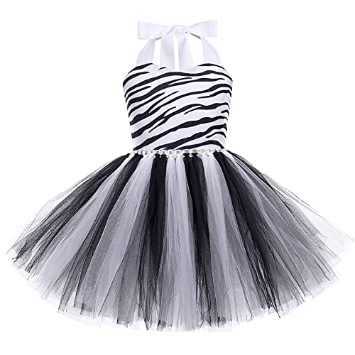 Niñas Animal Disfraz de Cebra de Halloween Cosplay Princesa Vestido Tutú de Cuello Halter con Cola de Diadema Trajes de Fiesta de Temática de Jungla Cumpleaños de Carnaval Navidad Cebra 3-4 Años