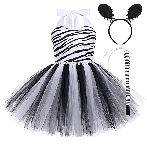 Niñas Animal Disfraz de Cebra de Halloween Cosplay Princesa Vestido Tutú de Cuello Halter con Cola de Diadema Trajes de Fiesta de Temática de Jungla Cumpleaños de Carnaval Navidad Cebra 3-4 Años