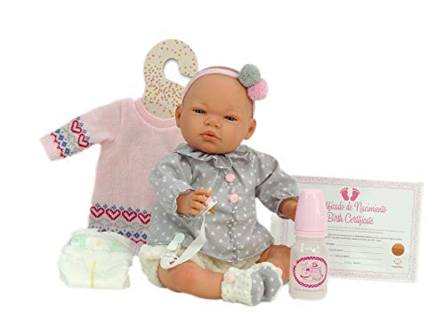 Nines Muñeca Bebé Reborn R/1036. Preciosa muñeca con Vestido de Regalo. Muñeco bebé Reborn de Silicona, de tamaño 48cm.