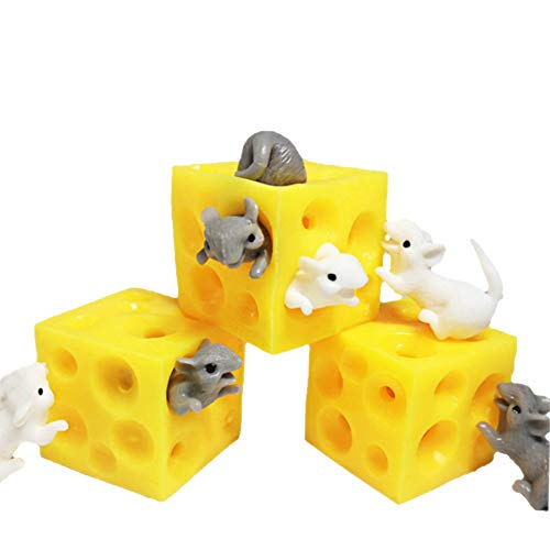 NOA 3 juguetes de goma simulada de queso con 2 mini ratones, alivio sensorial, estrés y ansiedad, juguete para niños y adultos, regalo para fiestas, premios, decoración de escritorio