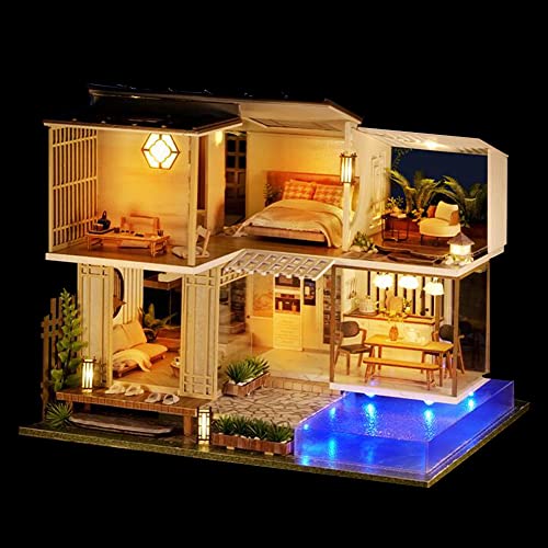 Nueva casa de muñecas en miniatura de madera de estilo chino Villa de 2 pisos con piscina de jardín Set 1:24 Escala montada Casa de juguete para niños y amigos