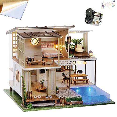 Nueva casa de muñecas en miniatura de madera de estilo chino Villa de 2 pisos con piscina de jardín Set 1:24 Escala montada Casa de juguete para niños y amigos