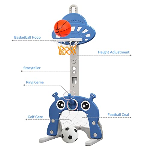 Nukdey Juego de canastas 4 en 1 para niños - Juego de Deportes: Baloncesto | Fútbol | Lanzamiento del Anillo | Golf | Actividad para niños pequeños: niños y niñas (Azul)