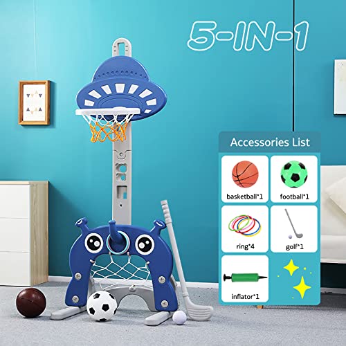 Nukdey Juego de canastas 4 en 1 para niños - Juego de Deportes: Baloncesto | Fútbol | Lanzamiento del Anillo | Golf | Actividad para niños pequeños: niños y niñas (Azul)