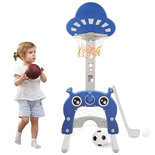 Nukdey Juego de canastas 4 en 1 para niños - Juego de Deportes: Baloncesto | Fútbol | Lanzamiento del Anillo | Golf | Actividad para niños pequeños: niños y niñas (Azul)