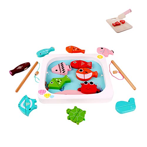 Nukdey Juego de Pesca de Madera magnética 2 en 1: Pesca, Cortador de Peces y Tortuga, 29 Piezas, Juguetes educativos para bebés: niños y niñas Ideal