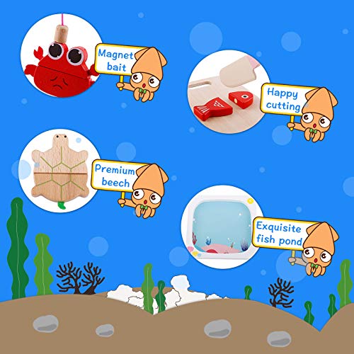 Nukdey Juego de Pesca de Madera magnética 2 en 1: Pesca, Cortador de Peces y Tortuga, 29 Piezas, Juguetes educativos para bebés: niños y niñas Ideal