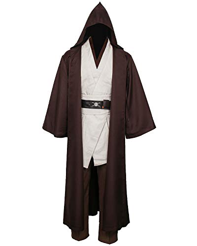 NUWIND Disfraz de Jedi medieval para hombre, túnica con capucha y capa de capa para Halloween, disfraz de cosplay para adultos, Marrón+blanco, S