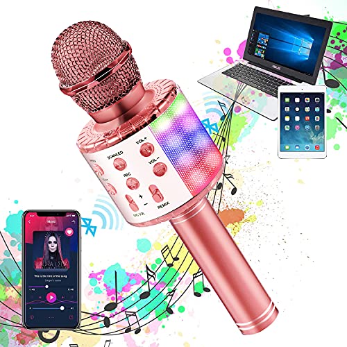 OALYGEI Microfono Inalámbrico Karaoke, Micrófono para Niños Portátil con Altavoz y LED, Micrófono Karaoke para Niños Canta Partido Musica, Compatible con Android/iOS/PC/AUX