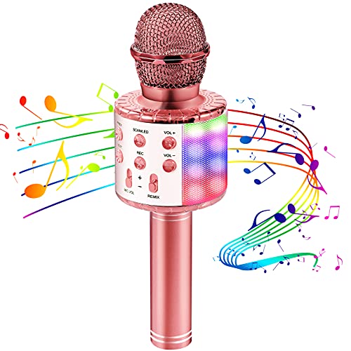 OALYGEI Microfono Inalámbrico Karaoke, Micrófono para Niños Portátil con Altavoz y LED, Micrófono Karaoke para Niños Canta Partido Musica, Compatible con Android/iOS/PC/AUX